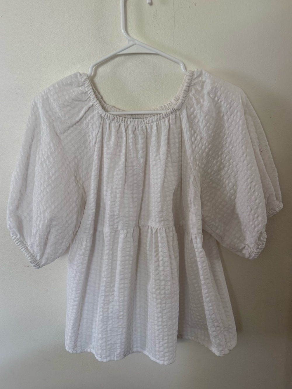 White Textured Puff-Sleeve Peasant Top